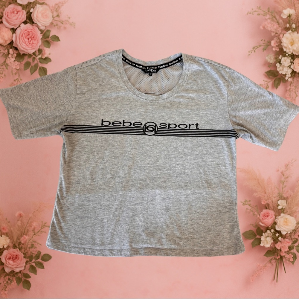 Bebe Sport Gray Mesh Back Athletic Logo Tee Shirt – Size M - Picture 3 of 5